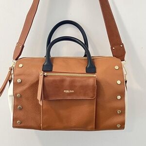 Perlina Genuine Leather Satchel Bag Colorblock Brown Ivory Cream Crossbody